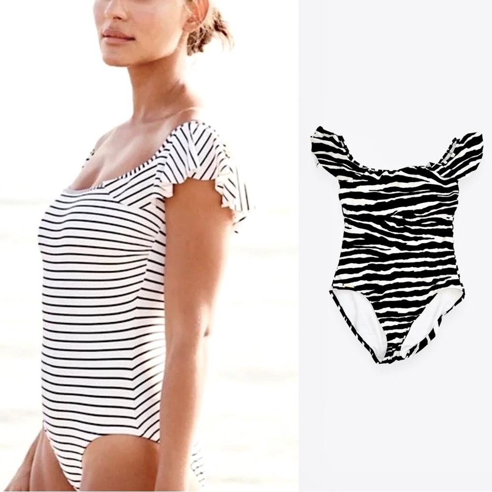 VINCE CAMUTO Ruffle Sleeves Black & White Zebra Stripe One Piece Swimsuit - Picture 2 of 11